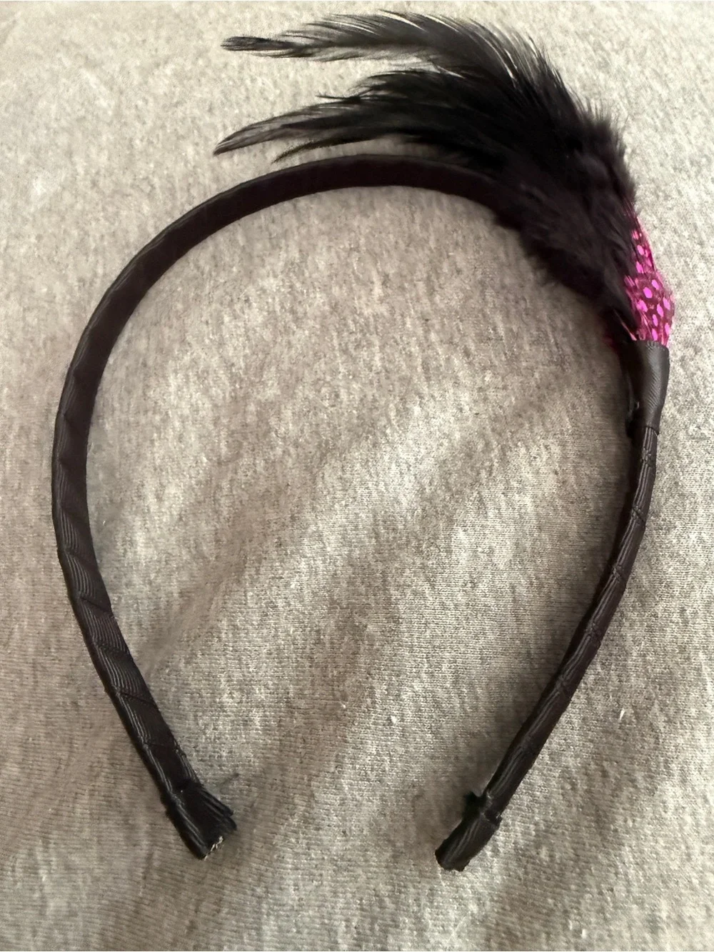 Black Feather Accent Headband with Pink Detail